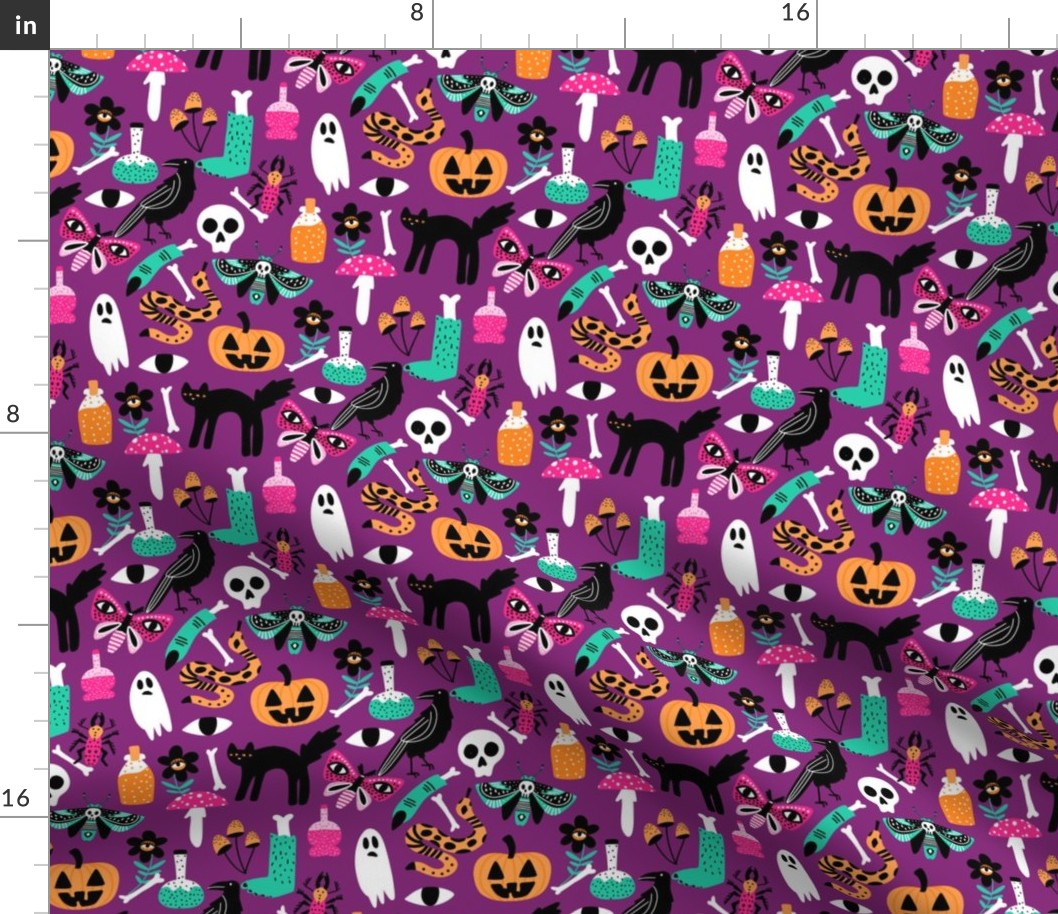 cute halloween fabric - creepy cute fabric, moth, potions, cute halloween design - purple