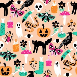 cute halloween fabric - creepy cute fabric, moth, potions, cute halloween design - peach