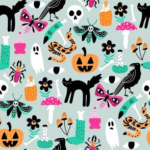 cute halloween fabric - creepy cute fabric, moth, potions, cute halloween design - light mint