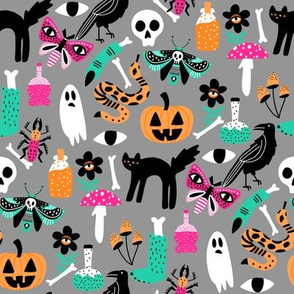 cute halloween fabric - creepy cute fabric, moth, potions, cute halloween design - grey