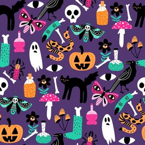 cute halloween fabric - creepy cute fabric, moth, potions, cute halloween design - dark purple