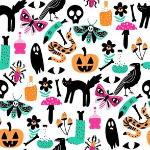 cute halloween fabric - creepy cute fabric, moth, potions, cute halloween design - white