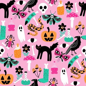 cute halloween fabric - creepy cute fabric, moth, potions, cute halloween design - pink
