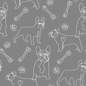 french bulldog fabric - black and white dog fabric, simple minimal fabric, cute dog design - grey