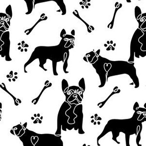 french bulldog fabric - black and white dog fabric, simple minimal fabric, cute dog design - white