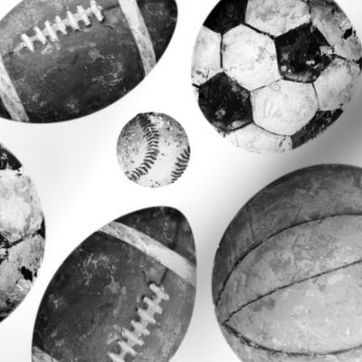 Allstar Sports Balls Black and White on White - Baseball, Football, Basketball, Soccer 