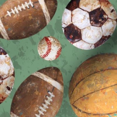 Allstar Sports Balls on Green - Baseball, Football, Soccer, Basketball