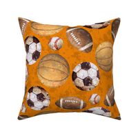 Allstar Sports Balls on Orange - Baseball, Football, Soccer, Basketball