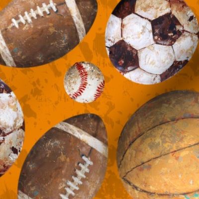 Allstar Sports Balls on Orange - Baseball, Football, Soccer, Basketball