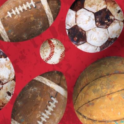Allstar Sports Balls on Red - Baseball, Football, Soccer, Basketball