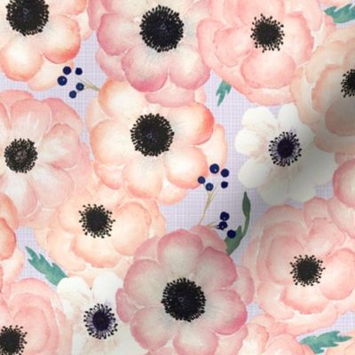 Large Floral (half scale) Watercolor Blush, Pink & Peach Anemone Blossoms (soft lilac linen)