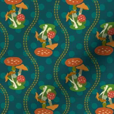 Vintage Mushrooms with Dots Teal