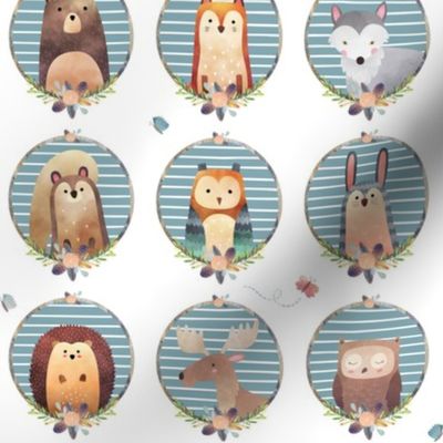 Woodland Critter Faces (pond stripe) Baby Nursery Animals, Bear Wolf Fox Moose Owl Raccoon Hedgehog, GingerLous