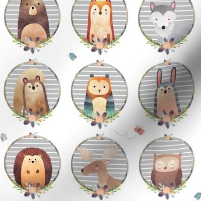 Woodland Critter Faces (gray stripe) Baby Nursery Animals, Bear Wolf Fox Moose Owl Raccoon Hedgehog, GingerLous
