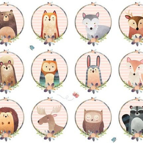 Woodland Critter Faces (baby pink stripe) Baby Nursery Animals, Bear Wolf Fox Moose Owl Raccoon Hedgehog, GingerLous