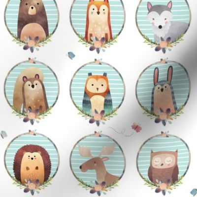 Woodland Critter Faces (crystal stripe) Baby Nursery Animals, Bear Wolf Fox Moose Owl Raccoon Hedgehog, GingerLous