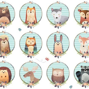 Woodland Critter Faces (crystal stripe) Baby Nursery Animals, Bear Wolf Fox Moose Owl Raccoon Hedgehog, GingerLous