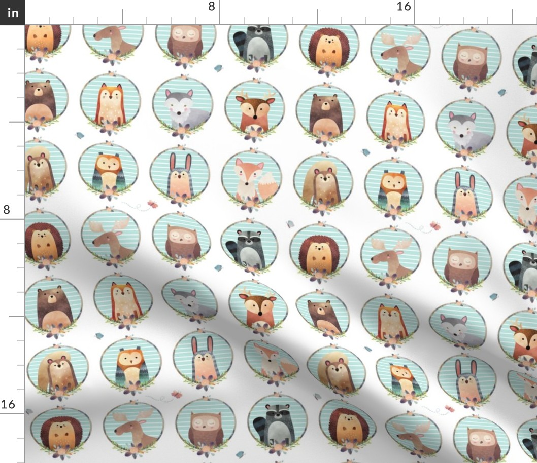 Woodland Critter Faces (crystal stripe) Baby Nursery Animals, Bear Wolf Fox Moose Owl Raccoon Hedgehog, GingerLous