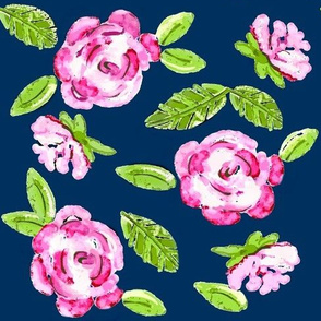 Shabby Pink Roses on Navy Blue 