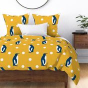 Penguins blue mustard large polkadots