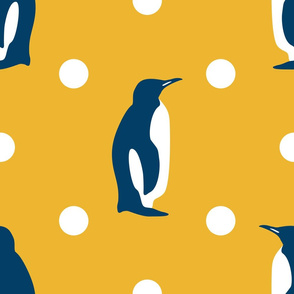 Penguins blue mustard large polkadots