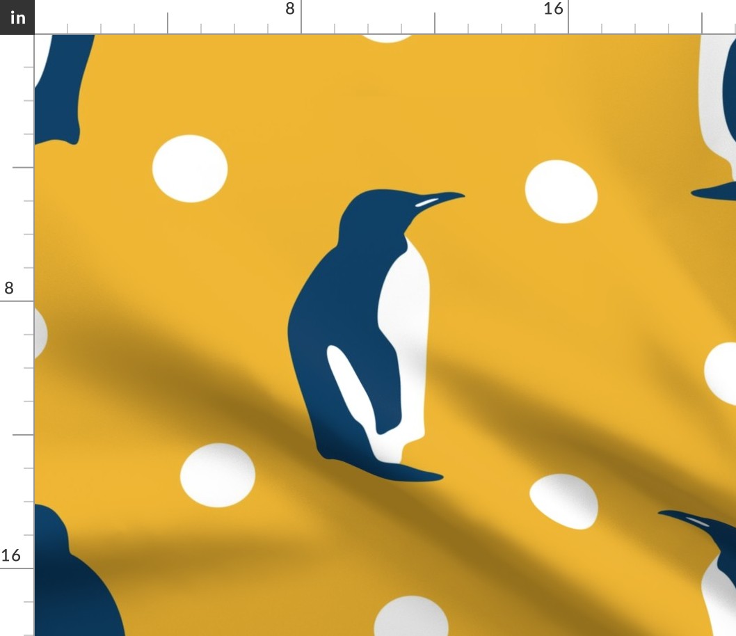 Penguins blue mustard large polkadots