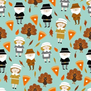 Thanksgiving fabric - pilgrim fabric, thanksgiving fabric, turkey fabric, autumn leaves - mint
