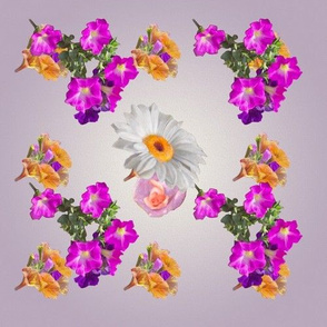 10x10-Inch Half-Brick Repeat of Bright Petunias and White Daisies on Amethyst
