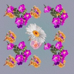 10x10-Inch Half-Brick Repeat of Bright Petunias and White Daisies on Soft Blue Background