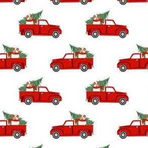 aussie dog christmas truck fabric - australian shepherd fabric, australian shepherd christmas truck - red merle - white