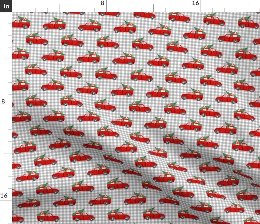 aussie dog christmas truck fabric - australian shepherd fabric, australian shepherd christmas truck - red merle - plaid