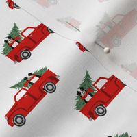 aussie dog christmas truck fabric - australian shepherd fabric, australian shepherd christmas truck - tricolored - white