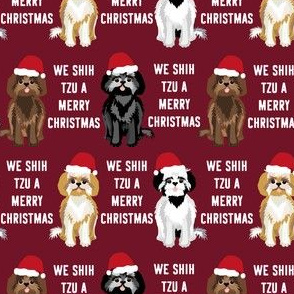 shih tzu christmas fabric - funny shih tsu fabric, dog fabric, christmas dog fabric -  burgundy