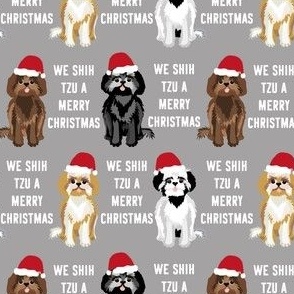 shih tzu christmas fabric - funny shih tsu fabric, dog fabric, christmas dog fabric - grey