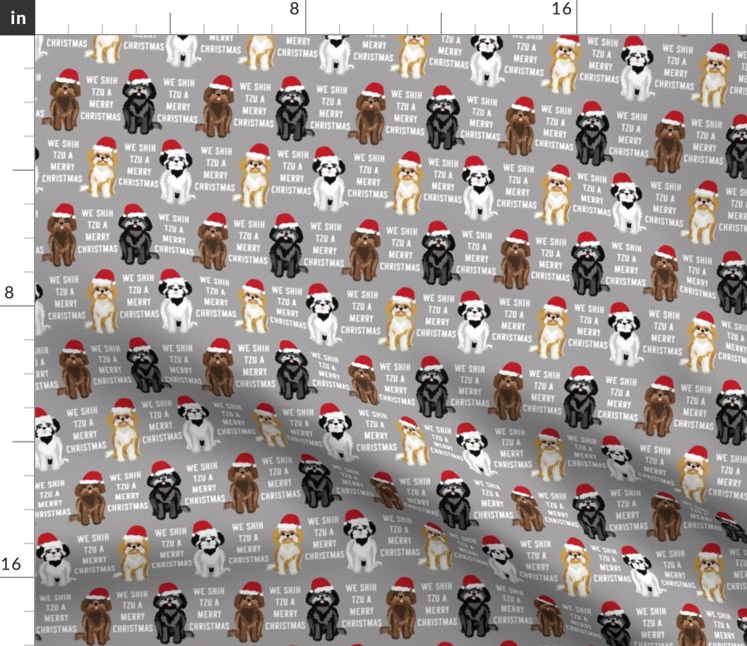 shih tzu christmas fabric - funny shih tsu fabric, dog fabric, christmas dog fabric - grey