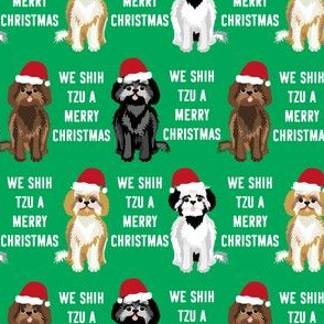 shih tzu christmas fabric - funny shih tsu fabric, dog fabric, christmas dog fabric - green