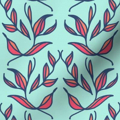 Retro Coral Pink Navy and Mint Vines and Leaves