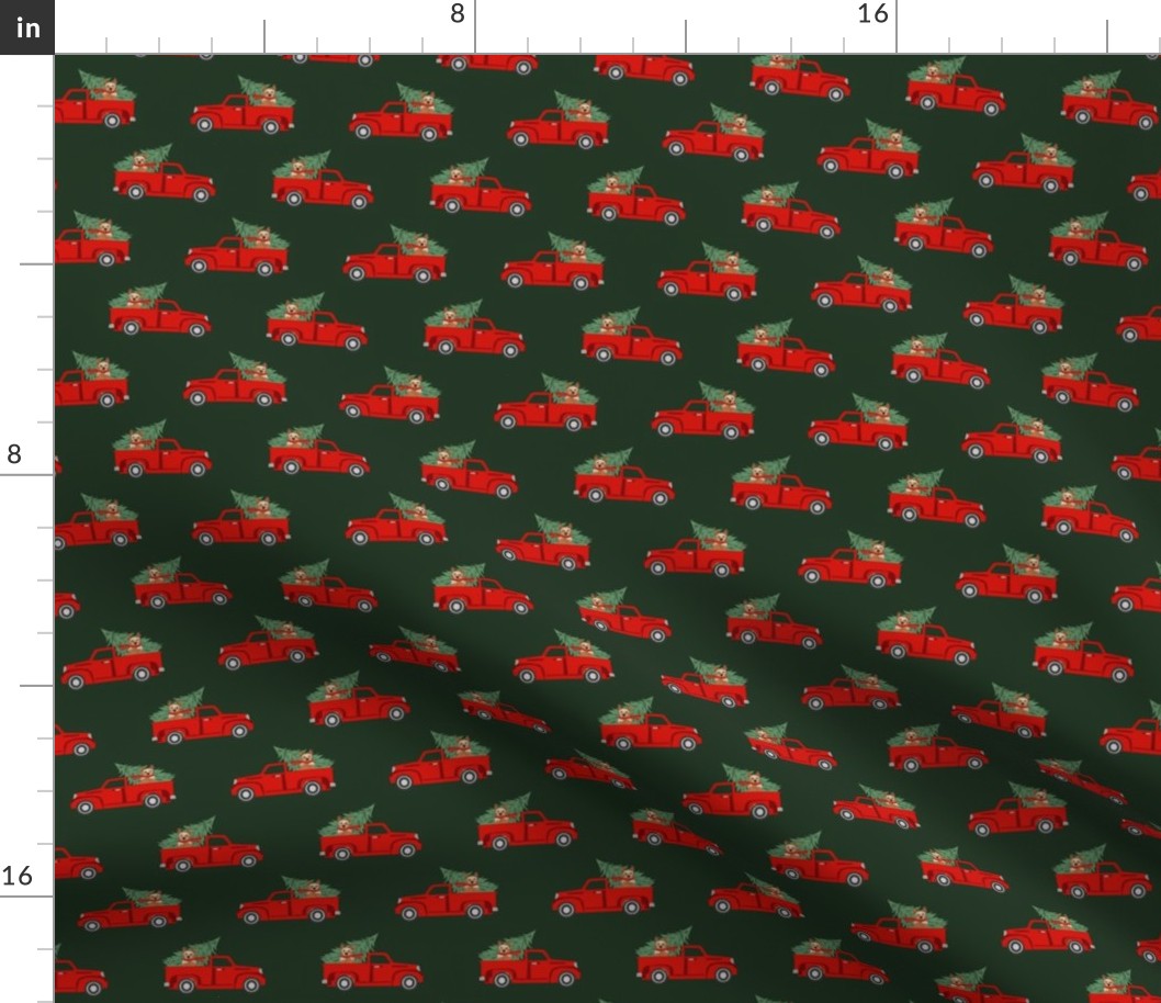 australian cattle dog christmas truck fabric - red truck, christmas dog, christmas truck - red heeler - green