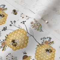 Bee on Honeycombs with Flowers