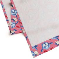 Romance Ready Shabby Roses on Coral  / Blue-Cream- Retro / Vintage flair     