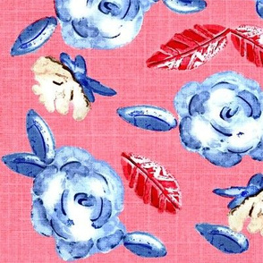Romance Ready Shabby Roses on Coral  / Blue-Cream- Retro / Vintage flair     