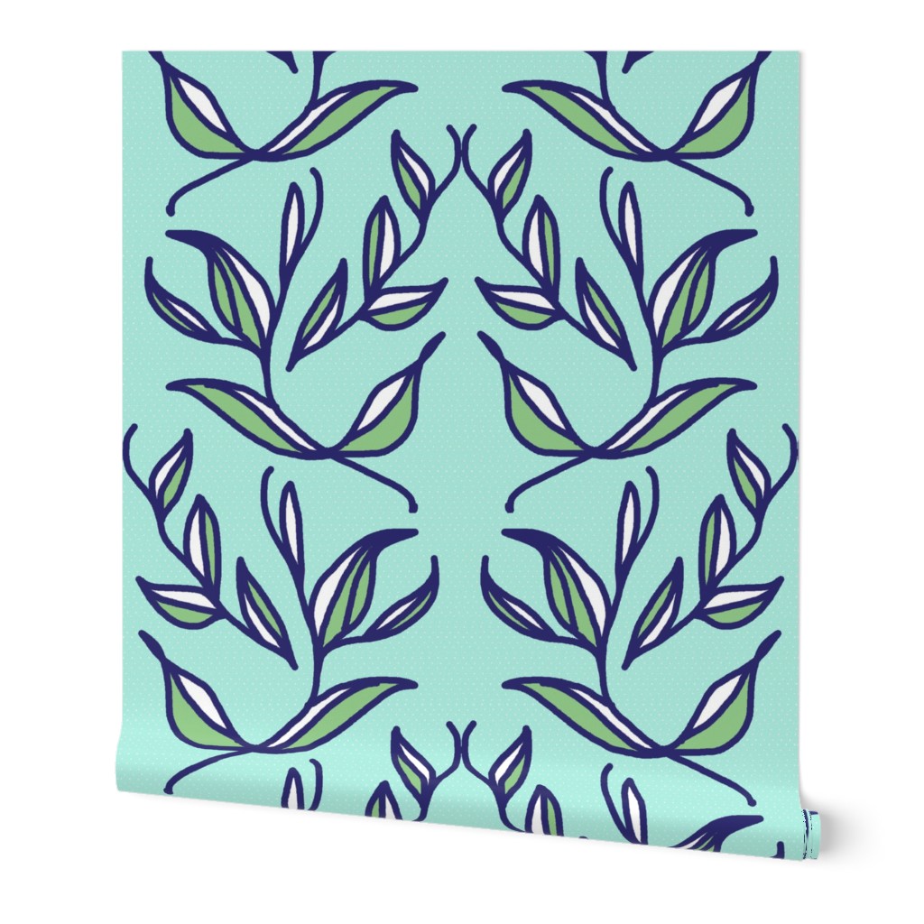 Retro Green and White Leaves and Vines on Mint Green