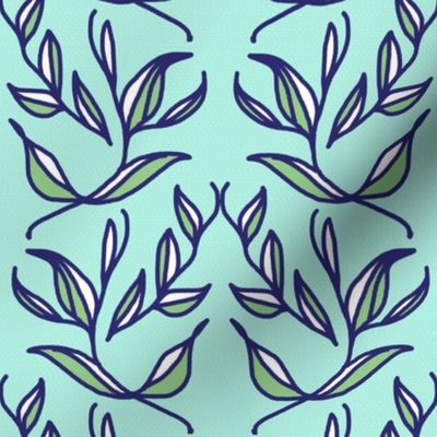 Retro Green and White Leaves and Vines on Mint Green