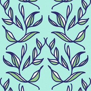 Retro Green and White Leaves and Vines on Mint Green