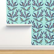 Retro Green and Pink Leaves and Vines on Mint Green