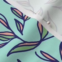 Retro Green and Pink Leaves and Vines on Mint Green
