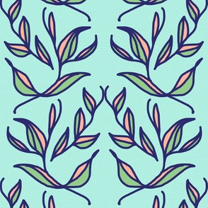 Retro Green and Pink Leaves and Vines on Mint Green