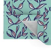 Retro Pink and White Leaves and Vines on Mint Green