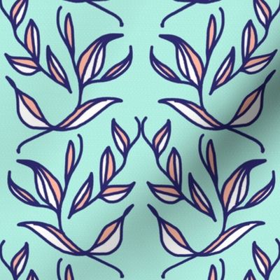 Retro Pink and White Leaves and Vines on Mint Green