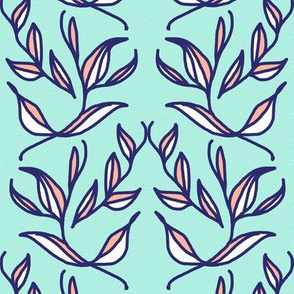 Retro Pink and White Leaves and Vines on Mint Green